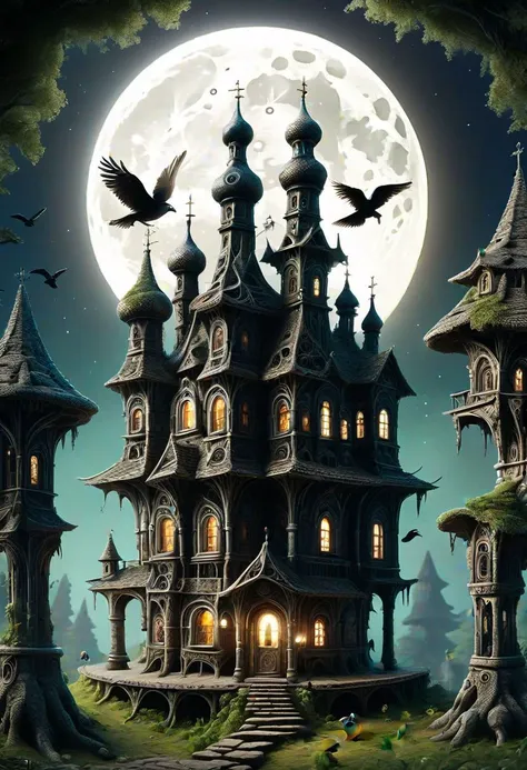 Ultra realistic, RTX, ray tracing, amazing quality, masterpiece, best quality, hyper detailed, ultra detailed, UHD, depth of field, Russian village house on pillars stands in the middle of a forest edge, night, the moon is shining brightly, tower, a medieval tract linking elegies and cognomen, birds, animals