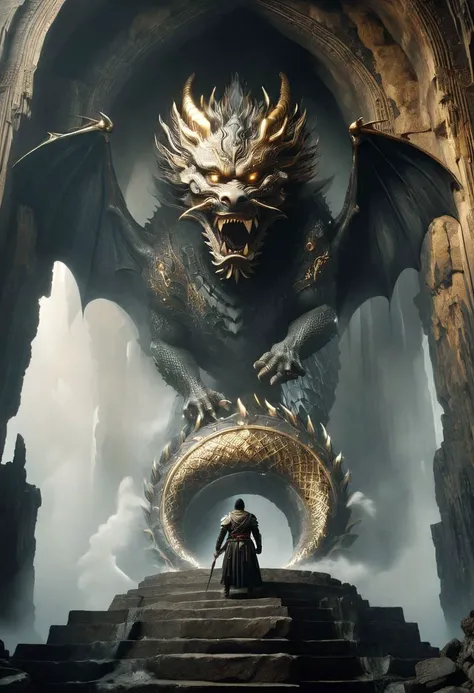 a small man standing in front of a giant dragon,
which flies out of a huge Gothic arch, a dragon inside a cave, a dragon flies out of a cave,
((the dragon looks at the man)), Frontal Angle of dragon, (closeup portrait of a dragon),
the dragon's tail bends around a man,
a man in armour plated with gold, dragon scales partially covered with gold, golden cave walls, (gold dragon),
light like in Rembrandt paintings, IMAX quality, 8k, shot on IMAX 100mm, detailed, perfect, (composition of the paintings Beksinski),
(dragon spirit), dragon portrait, epic dragon, dragon in the background, classic dragon, exotic dragon, undead dragon, golden dragon, detailed dragon, god of dragons, dragon face, dragon with scars, dragon head, majestic gothic dragon,
two wings