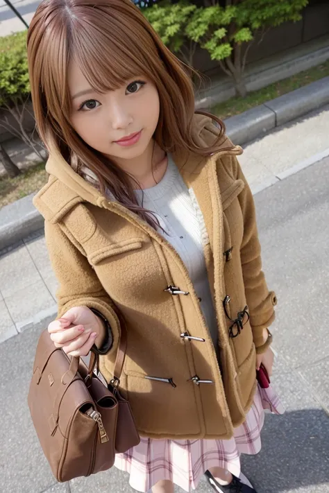 1girl,  coat, hood, jacket, ((duffle coat)), down jacket, lips, lipstick, plaid, plaid_skirt, realistic, skirt, solo, standing, best quality, photorealistic, masterpiece, 8k, high res, solo,  (((woman))), (medium breast), ((looking at the viewer)), (looking at the camera), (short hair), (professional lighting, bokeh),top angle view, extremely detailed face,  fashionable and trendy atmosphere, japan, street, park, river, sakura, sakura blossom, ((daytime)), (portrait:0.6), seductive smile,  gorgeous, floating hair, (light particles, lens flare, glowing particles:0.6), (dynamic pose:1.2), soft lighting, brown hair,  full body, narrow face, smile,   <lora:nagisahikari:0.8>