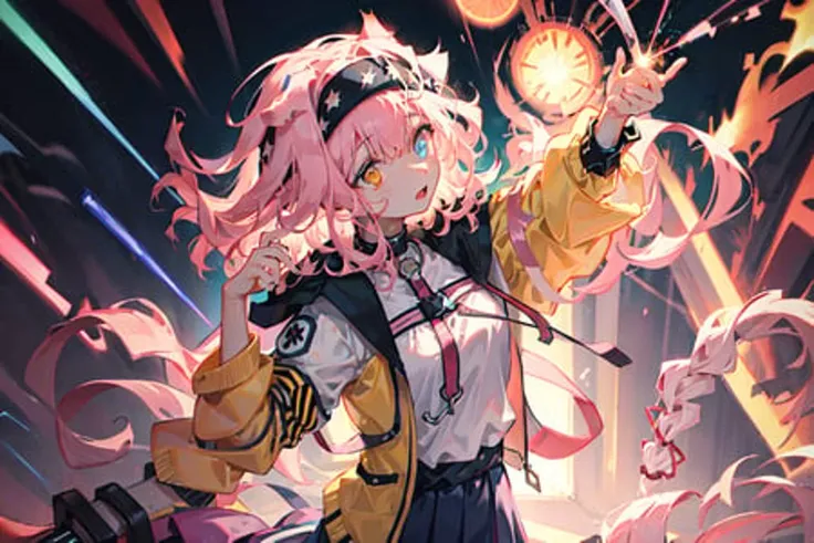 1girl, (animal ears), upper body depth of field, skirt, headband, bangs, braid, blue electricity, biribiri, diffraction spikes, floating hair, pink hair, multicolored hair, golden eyes, glowing eyes, spread arm, standing on liquid, open jacket, black jacket, pink tail, (one tail:1.2), cat tail, thunder, glowing, laser, lightning magic, blue lightning, magic, blue fire, purple fire, splashing, solo, backlighting, gradient sky, electric strike, aerial fireworks, sparkle, sparks, star \(sky\), horizon, skyline, multicolored background, blue, pink, purple,