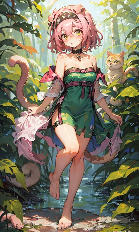 1girl, animal ears, headband, bangs, bare shoulders, barefoot, blush, blush stickers, closed mouth, collarbone, dress, full body, green dress, hair between eyes, hair ornament, pink tail, (one tail:1.2), cat tail, looking at viewer, see-through, solo, standing, strapless, strapless dress, jungle, forest