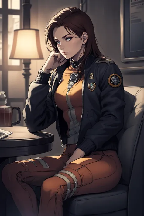 (highly detailed:1.3), masterpiece, best quality, extreme detail, 1girl,bosuni, anime,a woman with Reddish-brown hair hair,  Sitting with one hand on the chin looking contemplative, wearing a jacket, wearing bomberbos, orangebos_uni, half body, <lora:BOSuni:0.7>