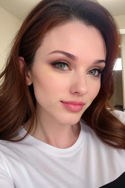 ((best quality)), ((masterpiece)), (detailed), perfect face, red head, natural beauty, green eyes, visible upper cleavage, innocent eyes, looking straight into camera
 
