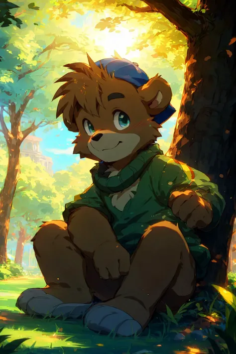 (((AS-YoungestV2 Positive prompt at strength of 1.0 to 1.3. Toddler or Baby:1))), masterpiece,best quality,detailed background,hi res, on e621,
(by canyne khai),by rossciaco,by takemoto arashi,
outside,park,day,sunlight,bright,shining,shine,glowing particles,grass,plants
(((Ursid, bear:1.6, (kitcloudkicker:1.5), dark-brown fur))), (((cub, young, small body:1.6, Child:1.6)))
(dark-brown fur, dark-brown body,dark-brown hair,short hair,spiky hair,brown eyebrows:1.3),looking at viewer,smug,smirk,
detailed eyes,beautiful green eyes,humanoid hands,5 finger,
((green sweater, blue cap,bare-bottomed,bare legs)),
<lora:Light and Shadow:0.8>, <lora:epiNoiseoffset_v2-pynoise:1>, <lora:Depth:0.3>, <lora:MoreDetails:0.2>, <lora:BeautifulAnimeEyes:0.9>, <lora:KitCloudkicker, Green Sweater, Blue Cap:0.7>