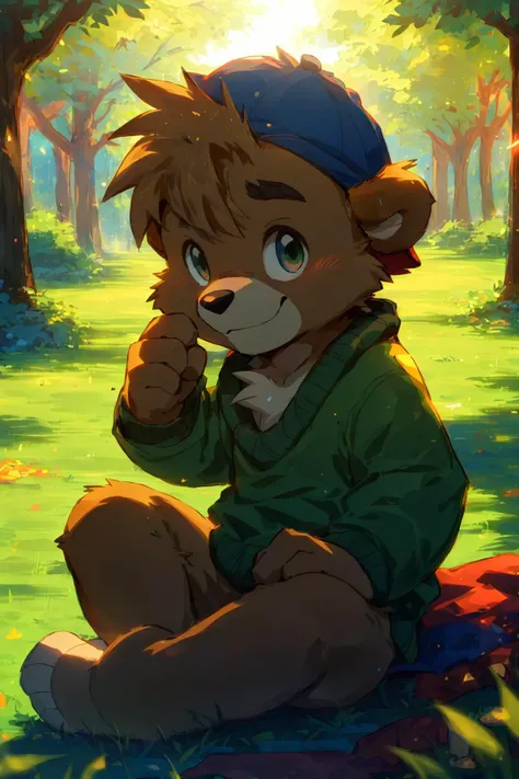 (((AS-YoungestV2 Positive prompt at strength of 1.0 to 1.3. Toddler or Baby:1))), masterpiece,best quality,detailed background,hi res, on e621,
(by canyne khai),by rossciaco,by takemoto arashi,
outside,park,day,sunlight,bright,shining,shine,glowing particles,grass,plants
(((Ursid, bear:1.6, (kitcloudkicker:1.5), dark-brown fur))), (((cub, young, small body:1.6, Child:1.6)))
(dark-brown fur, dark-brown body,dark-brown hair,short hair,spiky hair,brown eyebrows:1.3),looking at viewer,smug,smirk,
detailed eyes,beautiful green eyes,humanoid hands,5 finger,
((green sweater, blue cap,bare-bottomed,bare legs)),
<lora:Light and Shadow:0.8>, <lora:epiNoiseoffset_v2-pynoise:1>, <lora:Depth:0.3>, <lora:MoreDetails:0.2>, <lora:BeautifulAnimeEyes:0.9>, <lora:KitCloudkicker, Green Sweater, Blue Cap:0.7>