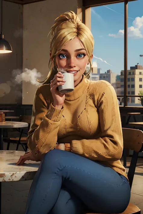 traceygtav,blonde hair,blue eyes,ponytail, (wearing a orange sweater, blue leggings) looking at viewer, smiling, happy,
sitting behind table, inside cafe, drinking hot coffee, steam, playful ambiance, blue sky,extreme detail, masterpiece, <lora:TraceyGTAV:.7>