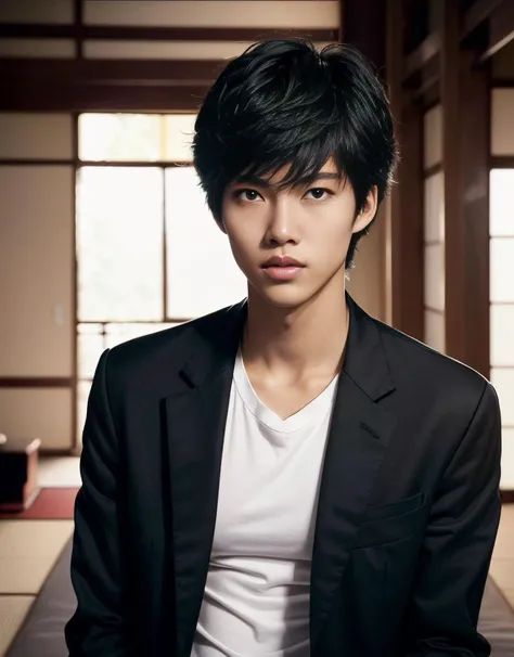 (((photo of a tall handsome japanese teen in a black blazer over an untucked white t-shirt))), messy hair,atheletic body, centered,masterpiece, expressive eyes,best quality,dark theme, ((soothing red tones)), muted colors, high contrast, (natural skin texture, hyperrealism, soft light, sharp),(((cowboy shot))), 50mm,highres, extremely detailed eyes,extremely detailed,perfect face,perfect eyes,body,hands, <lora:dsjoker-v2:1> <lora:epi_noiseoffset2:.4>