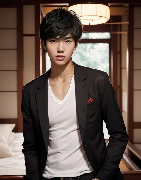 (((photo of a tall handsome japanese teen in a black blazer over an untucked white t-shirt))), messy hair,atheletic body, centered,masterpiece, expressive eyes,best quality,dark theme, soothing red tones, muted colors, high contrast, (natural skin texture, hyperrealism, soft light, sharp),(((cowboy shot))), 50mm,highres, extremely detailed eyes,extremely detailed,perfect face,perfect eyes,body,hands,  <lora:dsjoker-v2:1>  <lora:epi_noiseoffset2:.4>