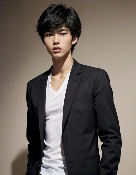 (((photo of a tall handsome japanese teen in a black blazer over an untucked white t-shirt))), messy hair,atheletic body, centered,masterpiece, expressive eyes,best quality,dark theme, soothing red tones, muted colors, high contrast, (natural skin texture, hyperrealism, soft light, sharp),(((cowboy shot))), 50mm,highres, extremely detailed eyes,extremely detailed,perfect face,perfect eyes,body,hands,  <lora:dsjoker-v2:1>  <lora:epi_noiseoffset2:.4>