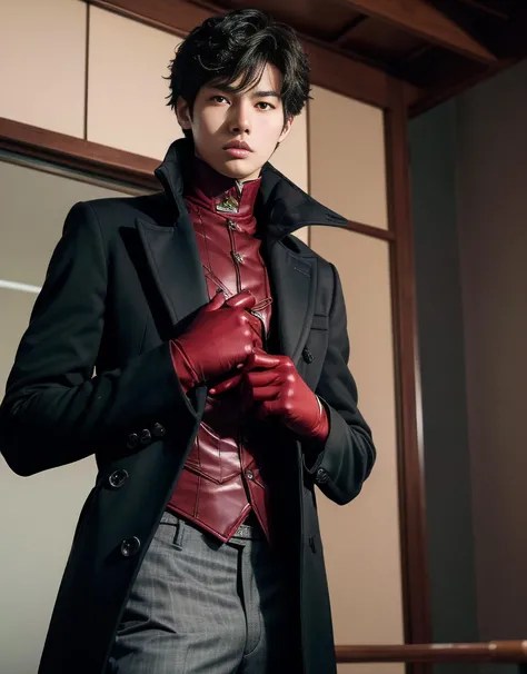 (((photo of a tall handsome japanese teen in black high collar coat over a dark grey shirt))), (((long sleeves, pants, red gloves))), messy hair,atheletic body, centered,masterpiece, expressive eyes,best quality, ((dark theme)), ((soothing red tones)), muted colors, high contrast, (natural skin texture, hyperrealism, soft light, sharp),(((cowboy shot))), 50mm,highres, extremely detailed eyes,extremely detailed,perfect face,perfect eyes,body,hands, <lora:dsjoker-v2:1> <lora:epi_noiseoffset2:.4>