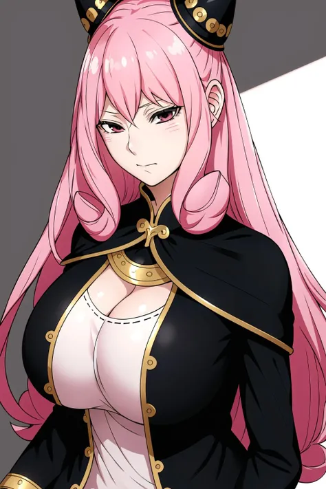 Simple White Background,
detached sleeves,black jacket,black jacket,cleavage cutout, White shirt,
<lora:Ashe_Talton_Purgatory-KK77-V1:0.7>, Gold and black hats on her head,
bangs,pink hair ,Red eyes, long hair, drill hair,
<lora:Oda_Non_Style-KK77-V2:0.3>,<lora:more_details:0.1>,
1 girl, 20yo,Young female,Beautiful Finger,Beautiful long legs,Beautiful body,
Beautiful Nose,Beautiful character design, perfect eyes, perfect face,expressive eyes,perfect balance,
looking at viewer,(Focus on her face),closed mouth, (innocent_big_eyes:1.0),(Light_Smile:0.3),
official art,extremely detailed CG unity 8k wallpaper, perfect lighting,Colorful, Bright_Front_face_Lighting,White skin,
(masterpiece:1.0),(best_quality:1.0), ultra high res,4K,ultra-detailed,
photography, 8K, HDR, highres, absurdres:1.2, Kodak portra 400, film grain, blurry background, bokeh:1.2, lens flare, (vibrant_color:1.2),professional photograph,
(Beautiful,huge_Breasts:1.6), (beautiful_face:1.5),(narrow_waist),