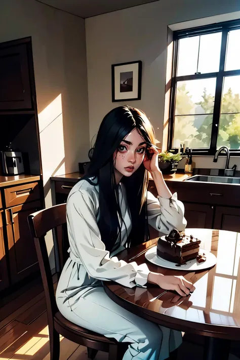 Sadako, long black hair, hair over eyes, pale skin, white dress, long sleeves, dirty clothes, looking at viewer, sitting, behind a table, inside cozy kitchen, table full of food, chocolate cake, playful ambiance, high quality, masterpiece,  <lora:TheOnryoS-10DBDV8:.8>