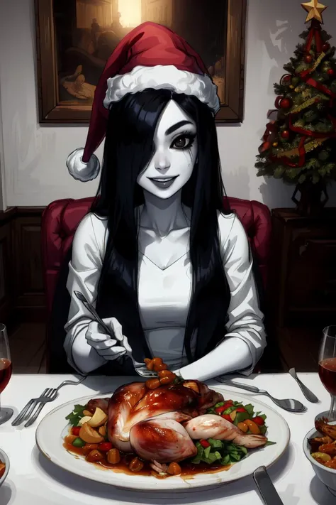 masterpiece, absurd res, best quality, extremely detailed, <lora:TheOnryo-10v7:1>, mature woman, sadako, pale skin, white dress, very long hair, hair over one eye, black eyes, smiling, sitting at table, eating a roast chicken with a fork and knife, wearing a santa hat,