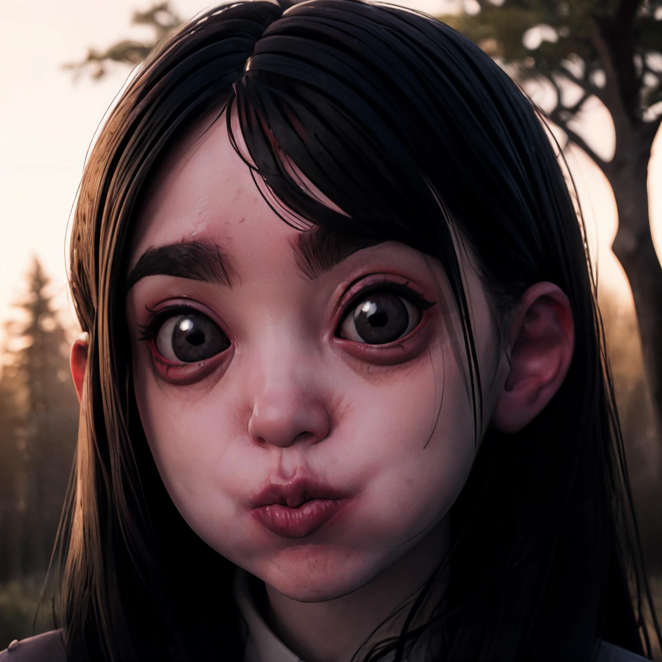closeup headshot, <lora:TheOnryo:1> yamamura_sadako, well in background, forest, extremely long black hair, black eyes, white dress head shot, eerie, unsettling, evening, (dark:1.3), spooky, suspenseful, grim, <lora:PuffyCheeks:0.8> (puffupcheeks:1.5), looking at viewer,