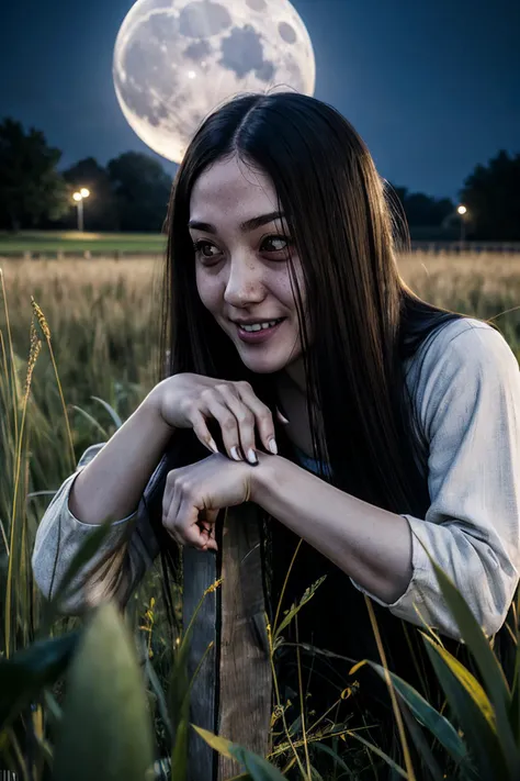 Sadako, long black hair, hair covering face, pale skin, white dress, long sleeves, dirty clothes, looking at viewer, smiling, close up, outside, field, night time, moon, high quality, masterpiece, <lora:TheOnryoS-10DBDV8:.8>