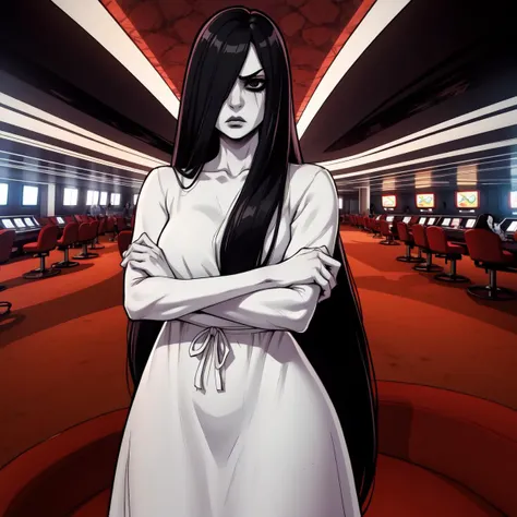 <lora:TheOnryo:0.8> sadako, pale skin, white dress, black hair, very long hair, hair over one eye, black eyes, dark room, annoyed, arms folded, in a casino,