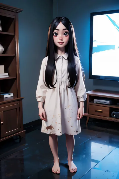 Sadako, long black hair, hair over eyes, pale skin, white dress, long sleeves, dirty clothes, barefoot, looking at viewer, smiling, full body shot, standing, inside living room, television, dark, night time, high quality, masterpiece, <lora:TheOnryoS:.8>