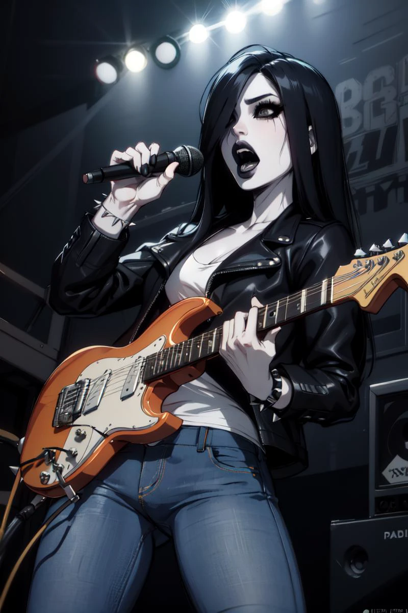 extremely detailed, <lora:TheOnryo-10v7:0.8>, mature woman, sadako, leather jacket, jeans, spiked bracelets, pale skin, very long hair, hair over one eye, black eyes, black lips, eyeliner, standing, concert, playing an electric guitar, screaming into microphone,