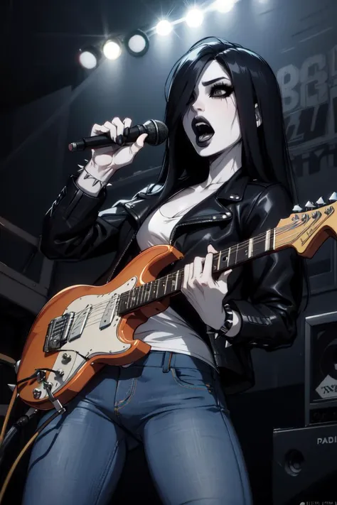 extremely detailed, <lora:TheOnryo-10v7:0.8>, mature woman, sadako, leather jacket, jeans, spiked bracelets, pale skin, very long hair, hair over one eye, black eyes, black lips, eyeliner, standing, concert, playing an electric guitar, screaming into microphone,