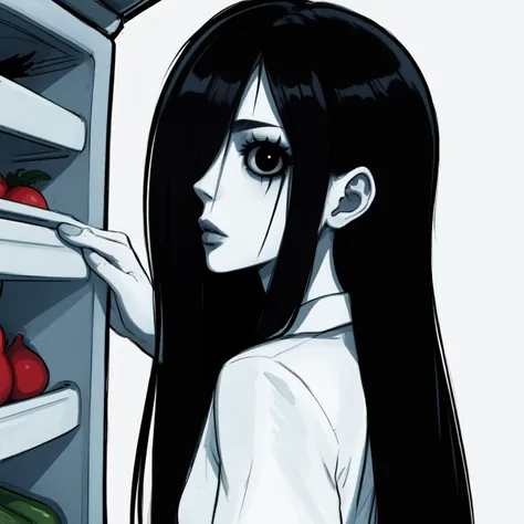 <lora:TheOnryo:0.8> sadako, pale skin, white dress, black hair, very long hair, hair over one eye, black eyes, dark room, searching the fridge, from the side