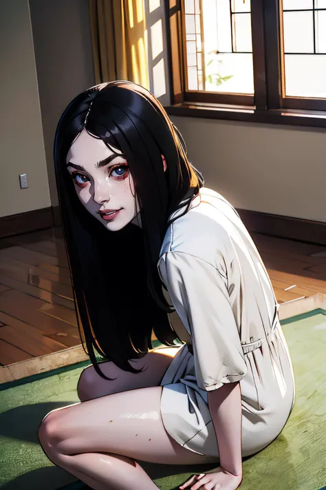 Sadako, long black hair, hair over eyes, pale skin, white dress, long sleeves, dirty clothes, looking at viewer, serious, evil grin, sitting, on floor, inside living room, high quality, masterpiece, <lora:TheOnryoS-10DBDV8:.8>