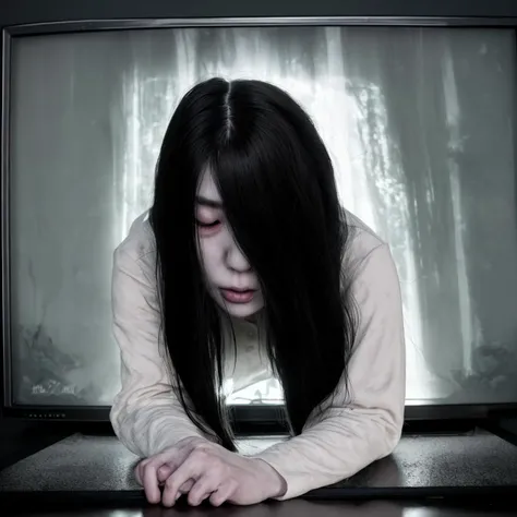 ultra detailed, 1woman, Sadako, long black hair, hair over eyes, pale skin, White dress, long sleeves, dirty clothes, on all fours, (indoor, dark room, night, television), horror theme, cinematic lighting,
<lora:TheOnryoL:.8>
