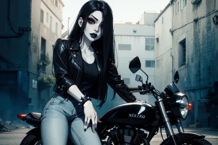 extremely detailed, <lora:TheOnryo-10v7:0.8>, mature woman, sadako, leather jacket, jeans, spiked bracelets, pale skin, very long hair, hair over one eye, black eyes, black lips, eyeliner, sitting, riding a motorbike