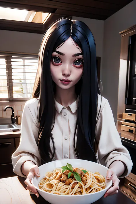 Sadako, long black hair, hair over eyes, pale skin, white dress, long sleeves, dirty clothes, looking at viewer, light smile, sitting, behind a table, inside a cozy kitchen, table full of food, bowl of pasta, playful ambiance, night time, high quality, masterpiece, <lora:TheOnryoS:.8>