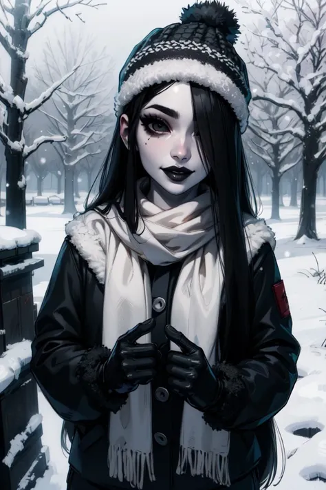 extremely detailed, <lora:TheOnryo-10v7:0.8>, mature woman, sadako, pale skin, very long hair, hair over one eye, black eyes, black lips, eyeliner, smiling, outside, snowing, gloves, woolly hat, scarf, jacket, winter,