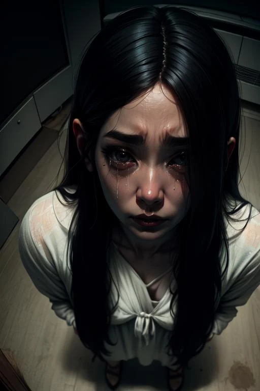 Sadako, long black hair, facing viewer, pale skin, hair over eyes,  sad, from above,  tears, 
White dress, long sleeves ,dirty clothes, solo, standing, dark room, large TVs,
 (insanely detailed, beautiful detailed face, masterpiece, best quality)
 <lora:TheOnryo-10v7:0.7>