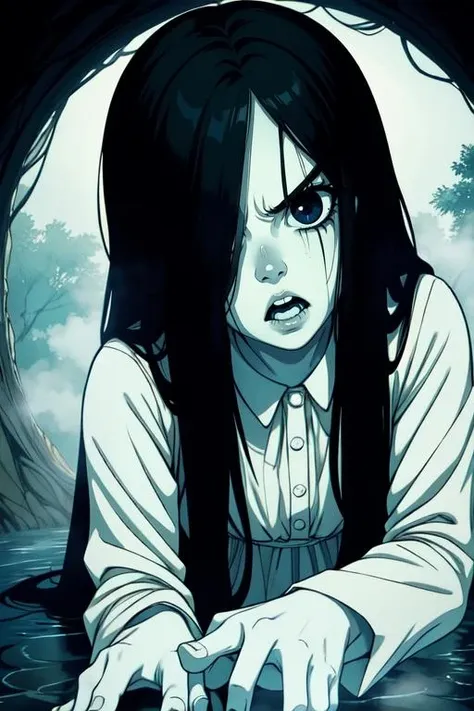 Sadako,long black hair,facing viewer,pale skin,hair over eyes,angry,petite,
White dress,long sleeves,barefoot,
horror \(theme\),outside,water well,fog,
(insanely detailed, beautiful detailed face, masterpiece, best quality),
<lora:TheOnryo-10v7:0.7> solo,