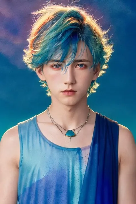 <lora:handsome:0.7>1boy,blue hair,necklace,multicolored hair,blue background,multicolored background,hair between eyes