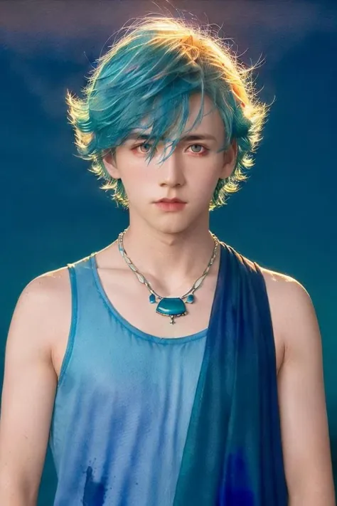 <lora:handsome:0.7>1boy,blue hair,necklace,multicolored hair,blue background,multicolored background,hair between eyes