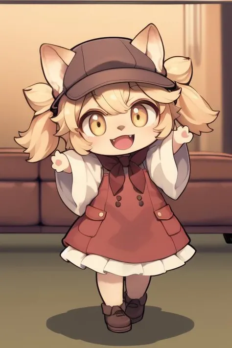 <lora:Mei_Marzipan:0.8>MeiMarzipan, 1girl, solo, open mouth, fang, smile, gradient background, hat, gradient, twintails, looking at viewer, full body, :d, brown footwear,ãtraditional living room,
masterpiece, high quality, very_high_resolution, large_filesize, full color,