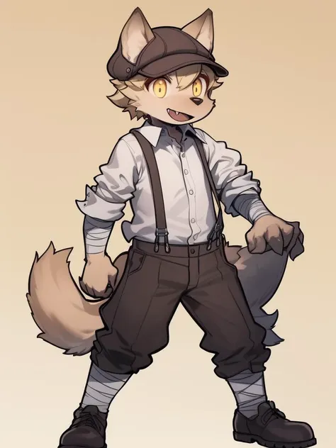 <lora:Mei_Marzipan:0.8>,MeiMarzipan, solo, suspenders, 1boy, male focus, open mouth, shirt, smile, hat, white shirt, pants, full body, tail, furry male, collared shirt, shoes, sleeves rolled up, yellow eyes, standing, looking at viewer, bandages, fang, brown footwear, snout, stripedm,
masterpiece, high quality, very_high_resolution, large_filesize, full color,
