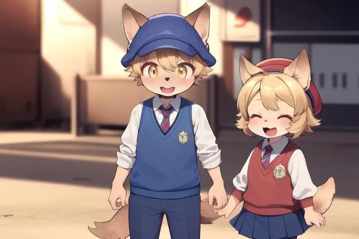 <lora:Mei_Marzipan:0.8>MeiMarzipan, 1boy, hat, tail, 1girl, smile, closed eyes, sweater vest, necktie, full body, furry male, open mouth, dog boy, school uniform, kindergarten uniform, pants, wolf ears, wolf boy, looking at viewer, blue necktie, wolf tail, school hat, room,
masterpiece, high quality, very_high_resolution, large_filesize, full color,