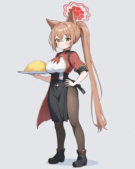 rumi \(blue archive\),1girl, solo, one_eye_closed, hand_on_hip, full_body, smile, black_footwear, shirt, food, halo, simple_background, blush, looking_at_viewer, white_background, standing, brown_pantyhose, chibi, holding_plate, ponytail, large_breasts, short_sleeves, rice, medium_breasts, black_skirt, apron, parted_lips, shadow, black_pantyhose, boots
<lora:rumi_(blue_archive)_image362_2023-11-28:1>halo. gorgeous,key visual, vibrant, studio anime,award-winning, professional, highly detailed,high budget, cinemascope