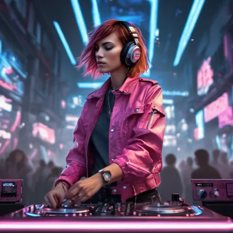 <lora:alexachung_xl_lora_25:1> alexachung masterpiece, concept art, highly detailed, (pink and blue color pallete), mid shot, centered, dynamic angle, 1girl, cyberpunk theme, stylish, stylish hair, red hair, DJ, DJ controller, Music Concert, Cafe background, Volumetric lighting, depth of field, focused shot, (epic composition, epic proportion), Award winning, HD