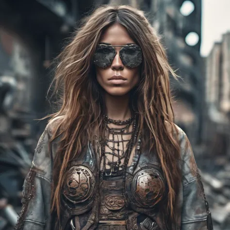 <lora:alexachung_xl_lora_25:1> alexachung a hyper realistic ultra detailed photograph of a futuristic beautiful barbarian woman wearing sunglasses at a dystopian city, tattered outfit with rusty metal armor plates, long wild hair, tattooed hands and body, fashion pose, detailed symmetric beautiful hazel eyes, detailed gorgeous face, apocalyptic environment
