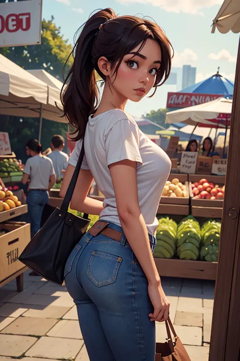 (masterpiece, best quality, highres, high resolution:1.2), extremely detailed, realistic, intricate details, seductive pose, eye-level shot, Noemi, beautiful 27 year old Filipino woman, petite, Filipino with natural , wearing jeans and a white tee shirt, hair in ponytail, holding tote bag, in farmer's market, from behind