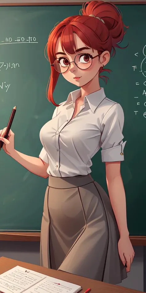 Mandy, a pretty 25 year old petite woman with natural , slim build, red hair, gray skirt, white dress shirt, (green glasses), in classroom writing on chalkboard, brown eyes