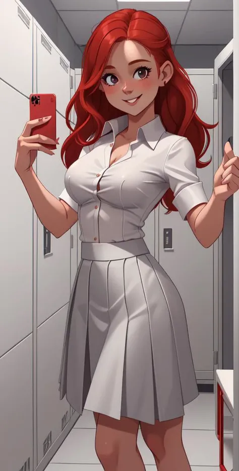 Mandy, a pretty 25 year old petite woman with natural , slim build, red hair, in locker room, drying hair, white dress shirt, gray skirt, selfie in mirror, smiling