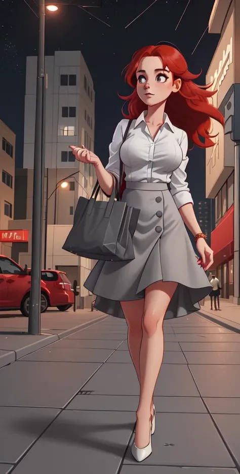 Mandy, a pretty 25 year old petite woman with natural , slim build, (red hair), (gray skirt), (white dress shirt), walking on sidewalk, nightti from behind, holding tote bag