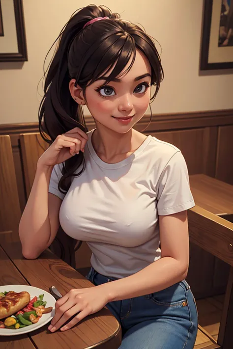 (masterpiece, best quality, highres, high resolution:1.2), extremely detailed, realistic, intricate details, seductive pose, eye-level shot, Noemi, beautiful 27 year old Filipino woman, petite, Filipino with natural , wearing jeans and a white tee shirt, hair in ponytail, in kitching, sitting at table, holding food, smiling