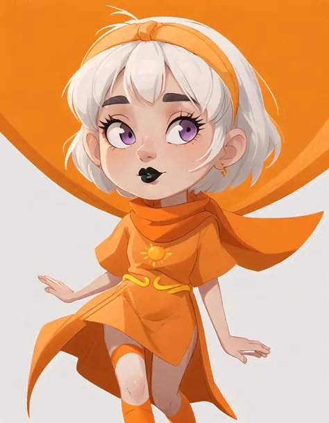 rosegdtr <lora:rosegdtr:1>, sun symbol, light skin, 1girl,solo,looking at viewer,short hair,shirt,purple eyes,white hair,hairband, (orange scarf), (simple background, white background), (orange shirt), <lora:more_details:0.4>, black lips, parted lips, wide hips, legs, (orange dress), pelvic curtain, short sleeves, legwear