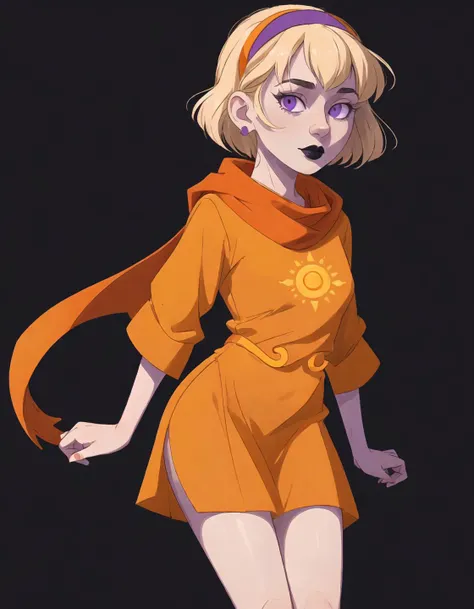 rosegdtr <lora:rosegdtr:1>, sun symbol, white skin, 1girl,solo,looking at viewer,short hair,shirt,purple eyes,blonde hair,hairband, (orange scarf), (simple background, white background), (orange shirt), <lora:more_details:0.4>, black lips, parted lips, wide hips, legs, (orange dress), pelvic curtain, short sleeves
