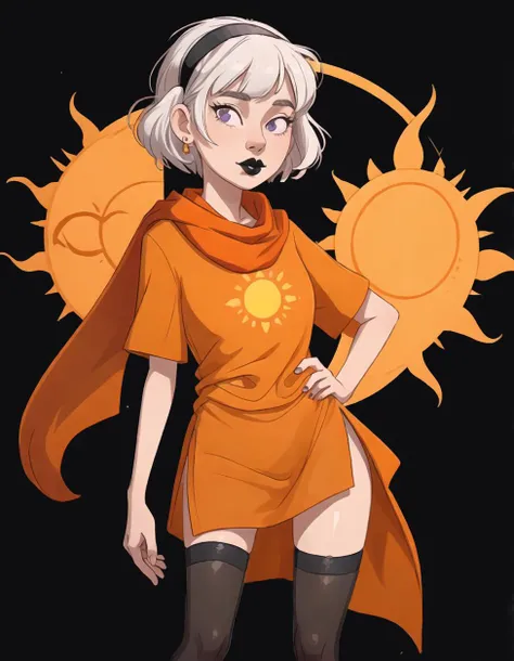 rosegdtr <lora:rosegdtr:1>, sun symbol, light skin, 1girl,solo,looking at viewer,short hair,shirt,purple eyes,white hair,hairband, (orange scarf), (simple background, white background), (orange shirt), <lora:more_details:0.4>, black lips, parted lips, wide hips, legs, (orange dress), pelvic curtain, short sleeves, legwear