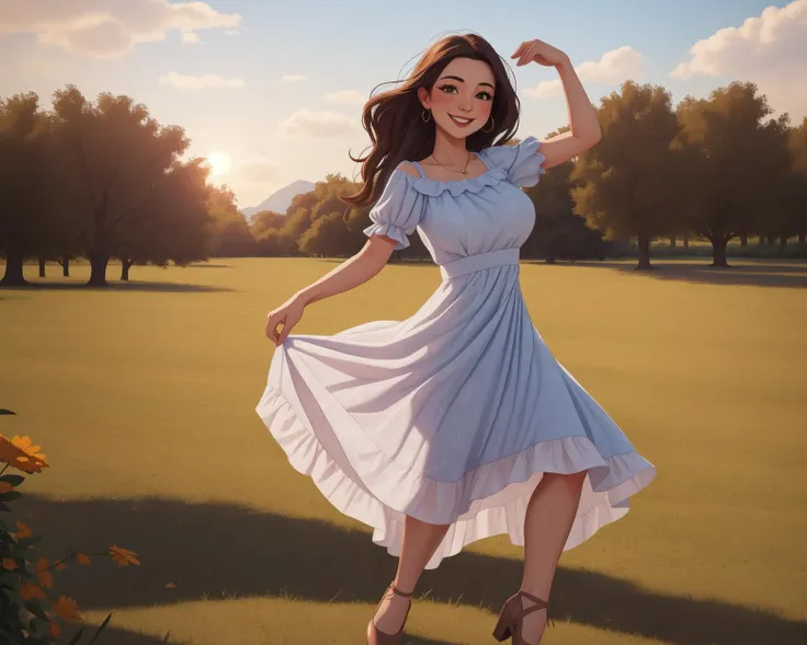 masterpiece, absurdres, 4k, hdr, 1girl, mature woman, dancing, smile, sundress, patterned_clothing, outdoors,