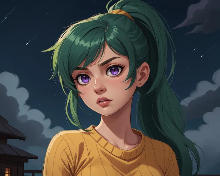 masterpiece, absurdres, 4k, hdr, 1girl, yellow_shirt, ribbed_sweater, mature woman, close-up, raised_eyebrow, head_tilt, parted_lips, frown, messy_hair, green_hair, purple_eyes, high_ponytail, long_hair, night_sky