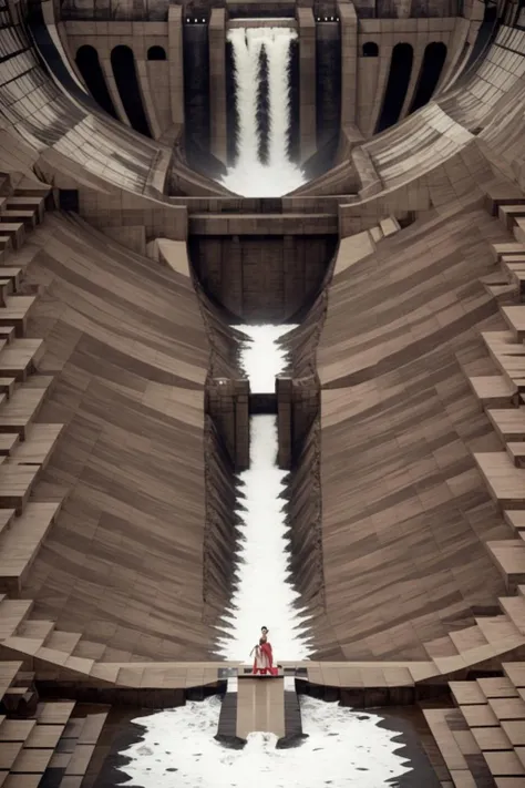 a man standing on a surfboard in front of a large dam , professional photography